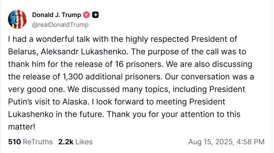 Лукашенко и Трамп обсудили по телефону освобождение «ещё 1300 заключённых»