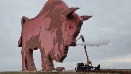 Знаменитого зубра на въезде в Брестскую область научили выпускать пар