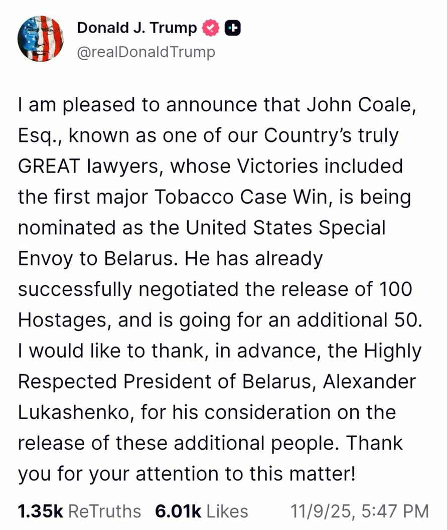 Трамп назначил спецпосланника по Беларуси и призвал Минск освободить ещё 50 заключённых