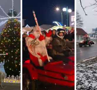 На конях, тракторах и байках. Белорусы показали, как Деды Морозы зажигали ёлки в райцентрах