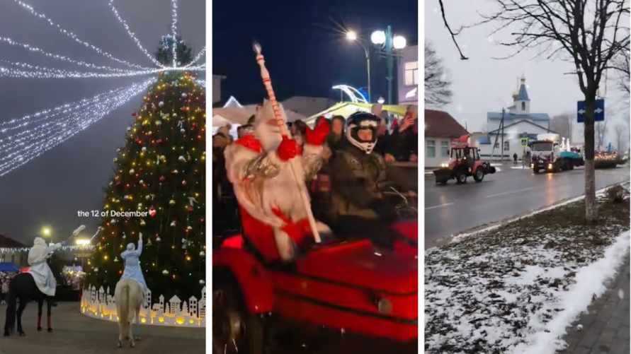 На конях, тракторах и байках. Белорусы показали, как Деды Морозы зажигали ёлки в райцентрах