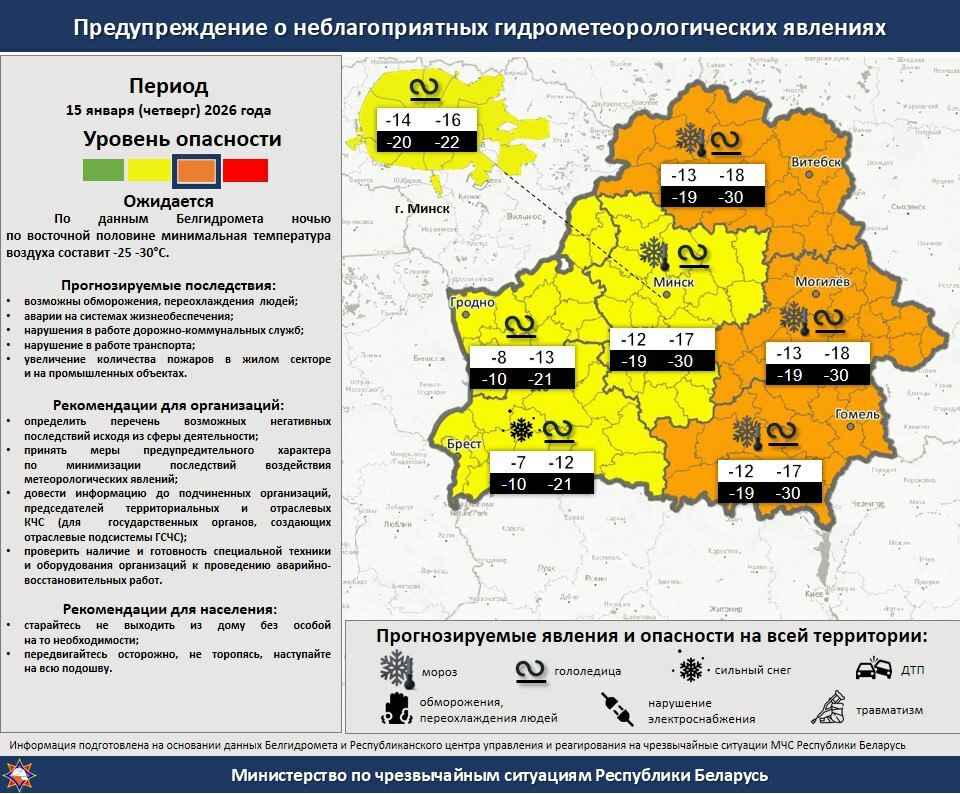 До -30°С. В трёх регионах Беларуси объявили оранжевый уровень опасности