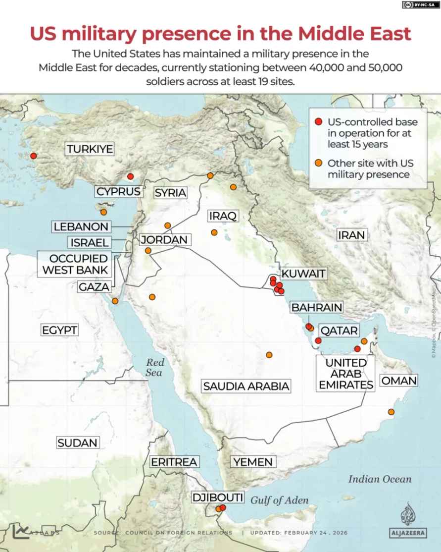 Карта объектов США в регионе.