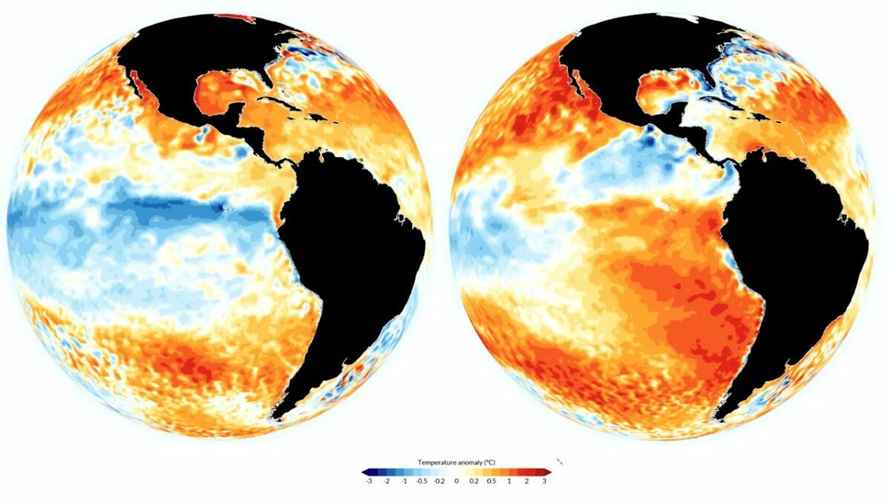 Поверхностные воды тропической части Тихого океана заметно потеплели в период с декабря (слева) по февраль (справа).
