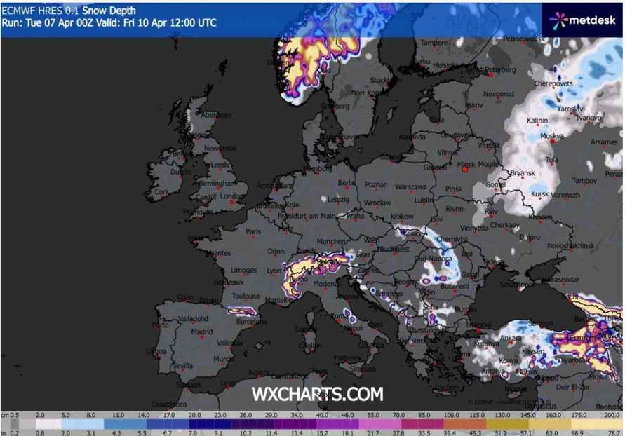 ECMWF спрогнозировал в Беларуси до 3 см снежного покрова к 10 апреля. Карта