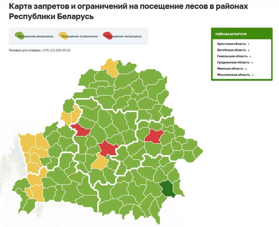 Карта запретов и ограничений на посещение лесов Беларуси на 13:00 13 апреля 2026 г.